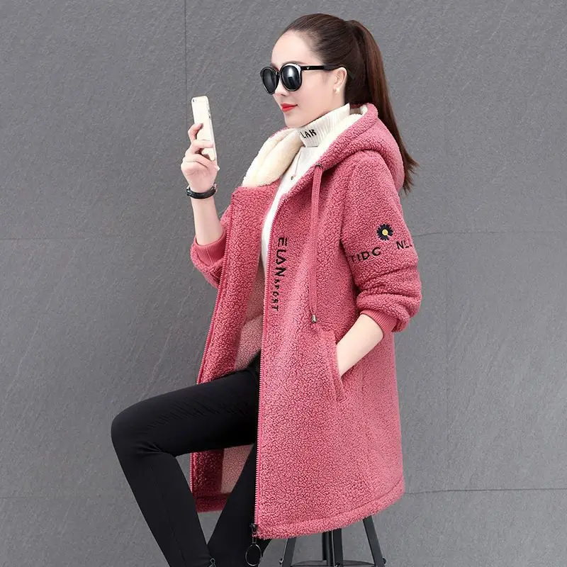 Women\'s Lamb Wool Coat 2024 New Winter Plus Velvet Cotton Jacket Loose Mid-length Female Hooded Overcoat