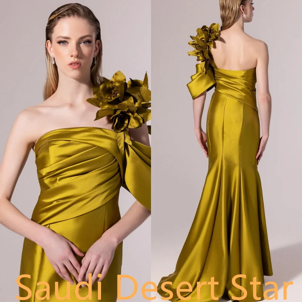 تخصيص مزاجه الأصفر الساتان فساتين المشاهير الرسمية كتف واحد Ruched الزهور حورية البحر سستة الظهر Vestido De Noche #4
