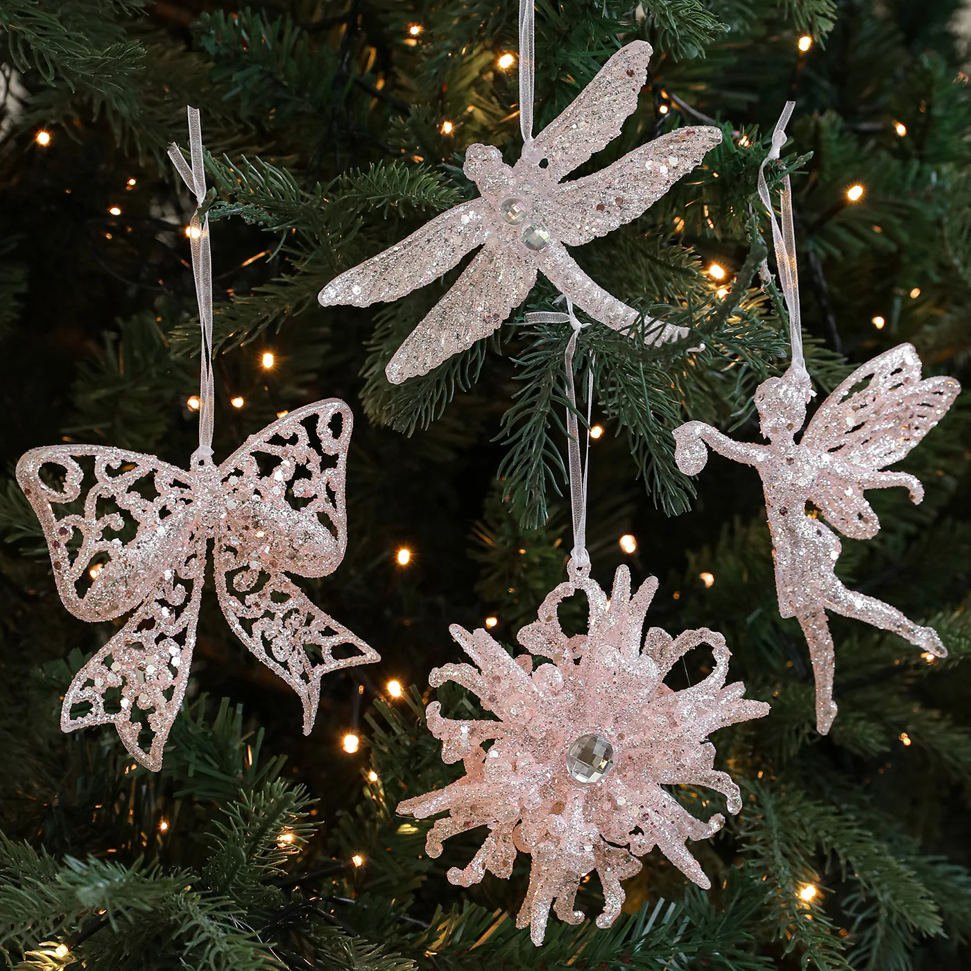

New Plastic Sticky Powder Hanging Pink Glitter Bells Snowflake Christmas Tree Hanging Decoration Light Luxury Hanging Decoration