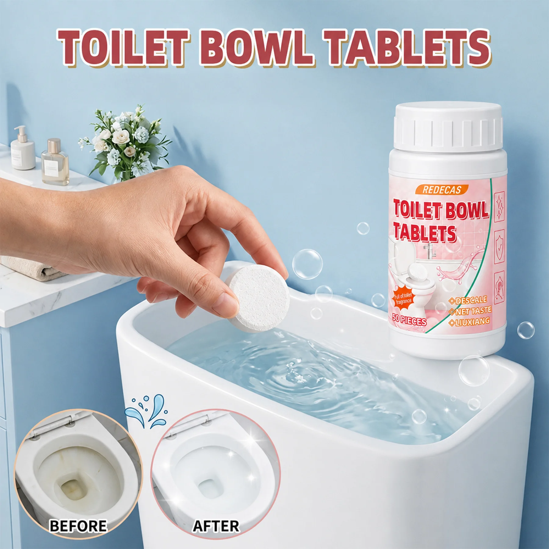 50Pcs Toilet Effervescent Tablets. Just Drop into Toilet or Tank. Gentle to Glaze, Scrub-Free Home Toilet Cleaner.