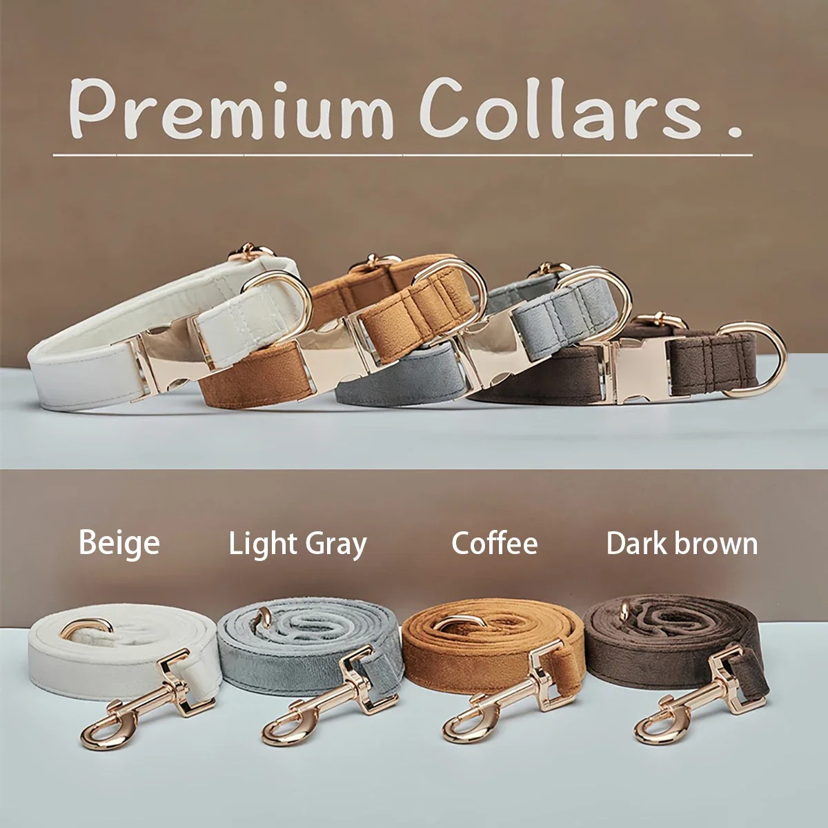 Plush Pet Collar & Leash Set, Alloy Buckle, Beige/Gray/Coffee/Brown, for Dogs & Cats, Comfortable Fit