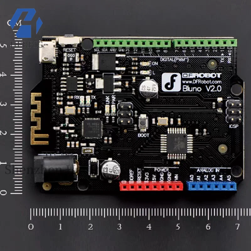 DFRobot Bluno controller low power Bluetooth 4.0 development board compatible with Arduino, Android, and iOS platforms.