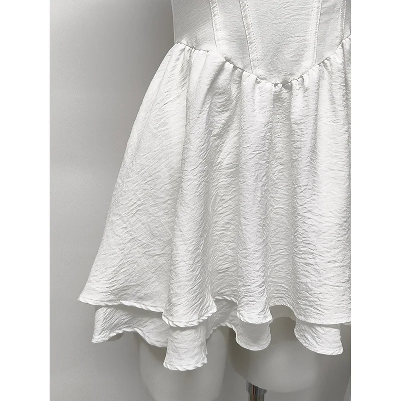 Benuynffy quadrado pescoço babado guarnição doce vestido de verão feminino 2026 nova cor sólida cintura alta em camadas bainha a linha vestidos curtos