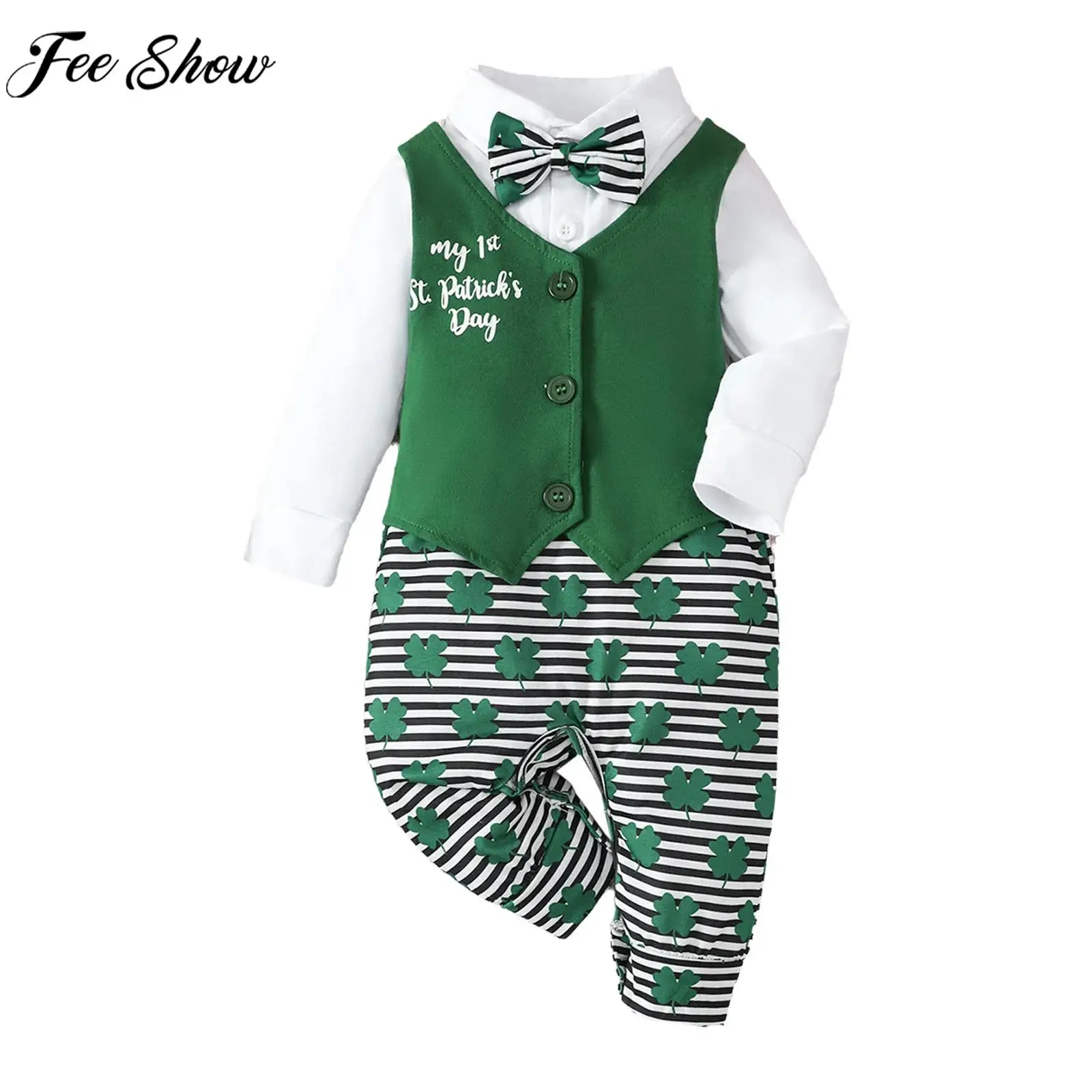 

Костюм для мальчиков на День Святого Патрика: комбинезон с длинным рукавом, пуговицами, принтом, галстуком-бабочкой и жилетом для дня рождения, вечеринки, карнавала