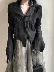 Deeptown Y2k bluzka kobiety w stylu Vintage czarna koszula Gothic Harjauku plisowana zapinana koreański ciemny dopasowana długa rękaw estetyczny kobiet