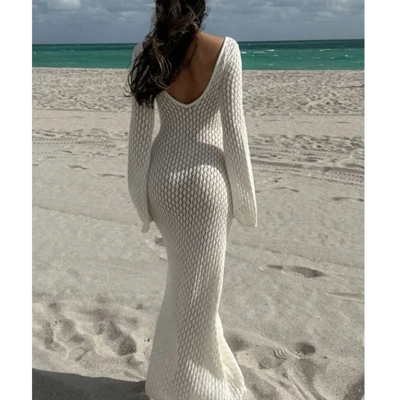 

Sexy Women Long Sleeve Cut Out Beach Dress Summer Elegant Bohemia Beachwear Solid Color Hollow Out Vestidos Female Y2k Платье