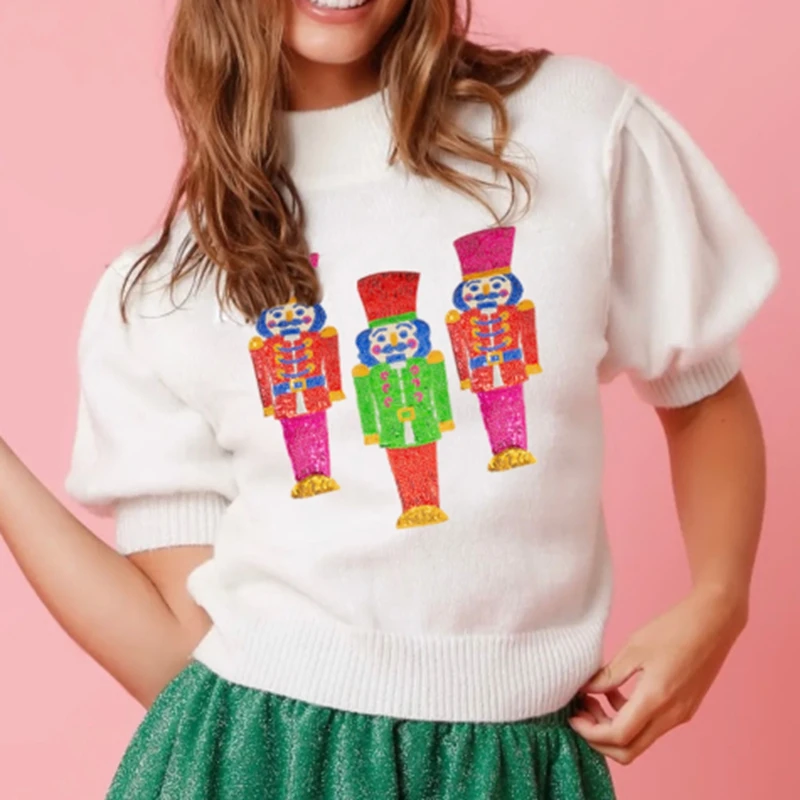 

Combhasaki Christmas Sweater Vest for Women Sequins Santa Letter Print Knitwear Shirt Vintage Short Puff Sleeve Xmas Pollovers