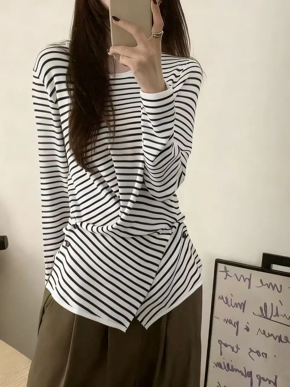 Korean Sle Striped Slim Long Sve Knitted Top Base Layer irt round Ne Irregular Design Versatile round Ne Pullover ...
