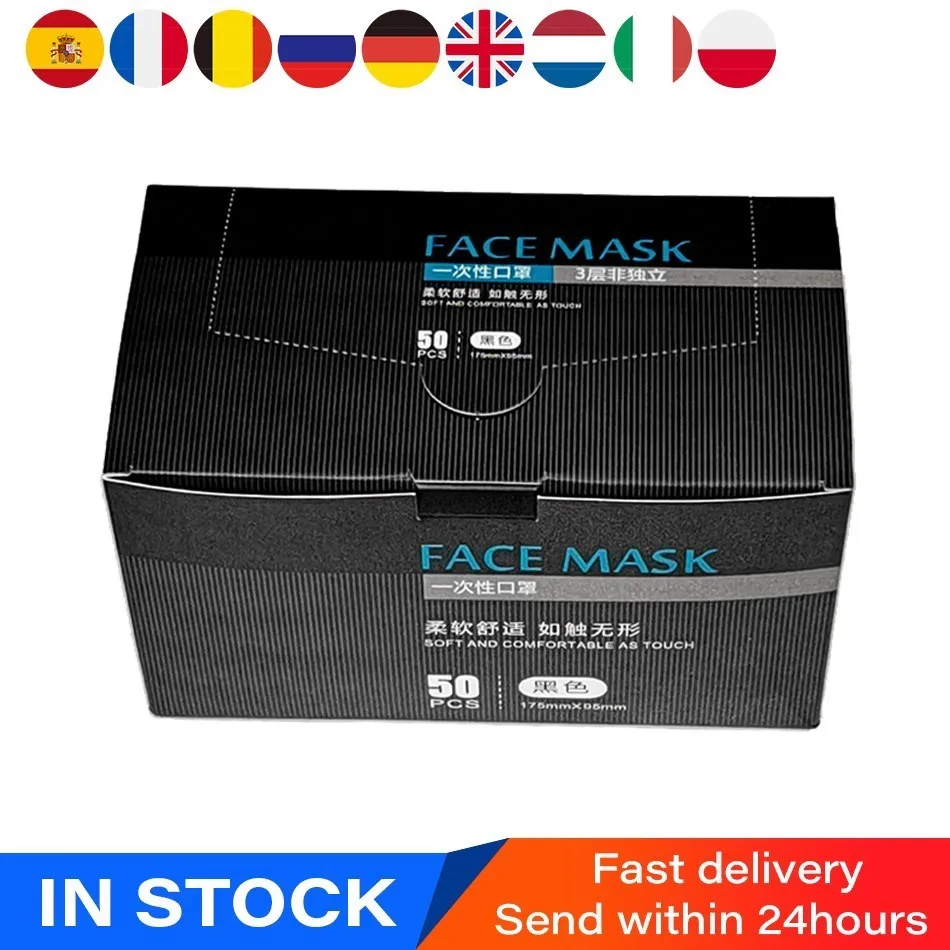 

Black Mask Disposable pills box Face Mouth Mascarillas Protect 3 Layers Non-Woven Dustproof Mouth Mask Spain France