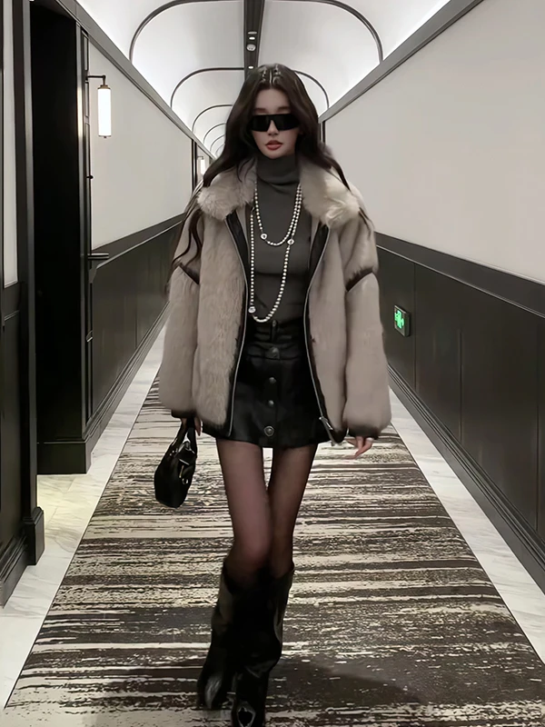 

Eco-Friendly Fur Coat Loose Fit Thiened Sve Splicing Double Zipper High-End Feelings for Women ort Outerwear