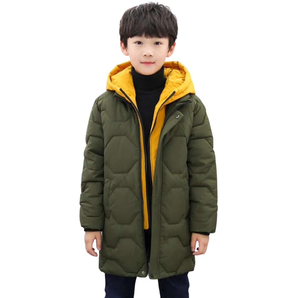 Boys Winter Down Cotton Coat,Fake Two-Piece Long Hooded Children's Padded Coat,Teens Puffer Quited Outerwear,Kids Warm Outfits