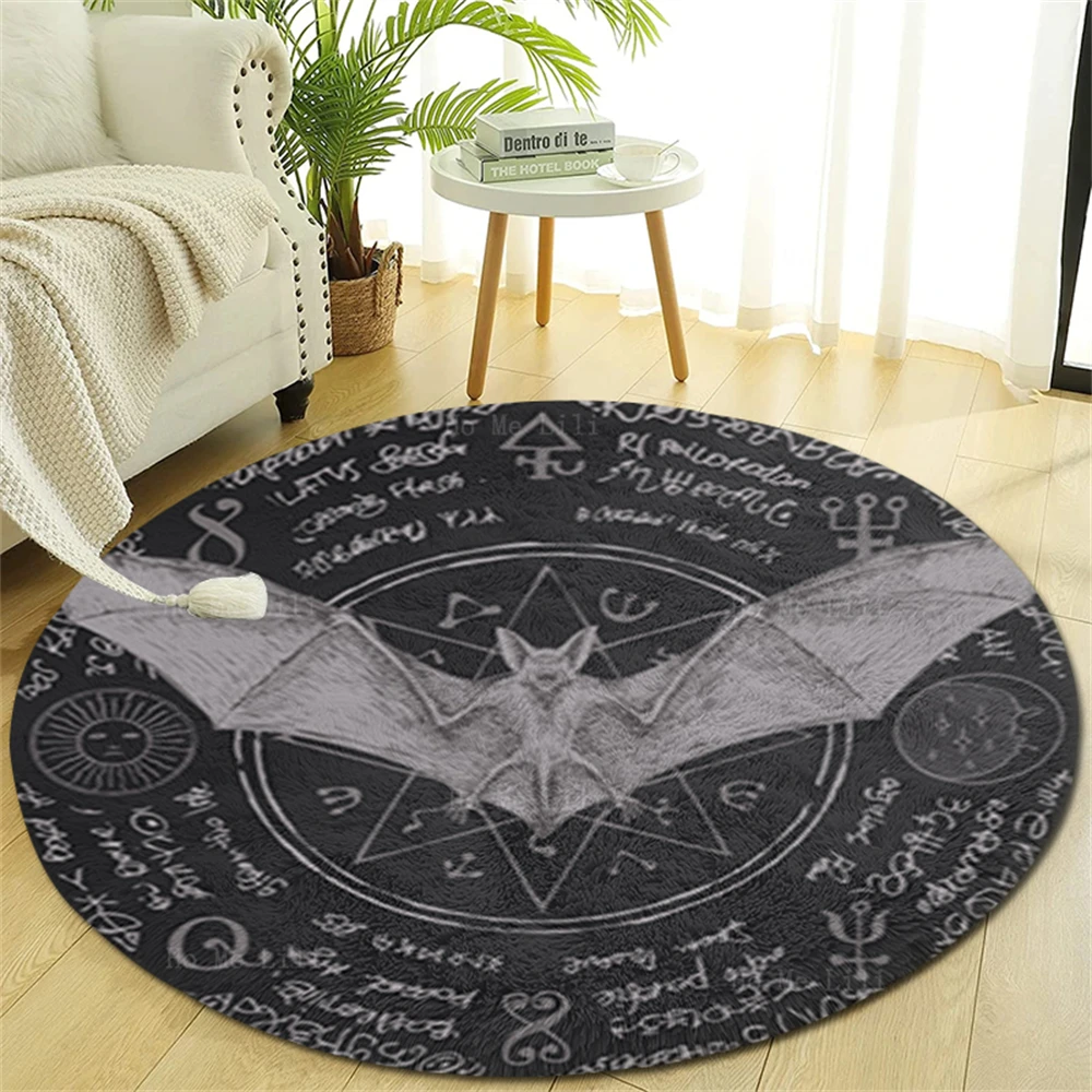 Tribal Style Elephant Over Mandala Bat Flying Vampire On The Background Of A Star And Magical Inscriptions Round Carpet