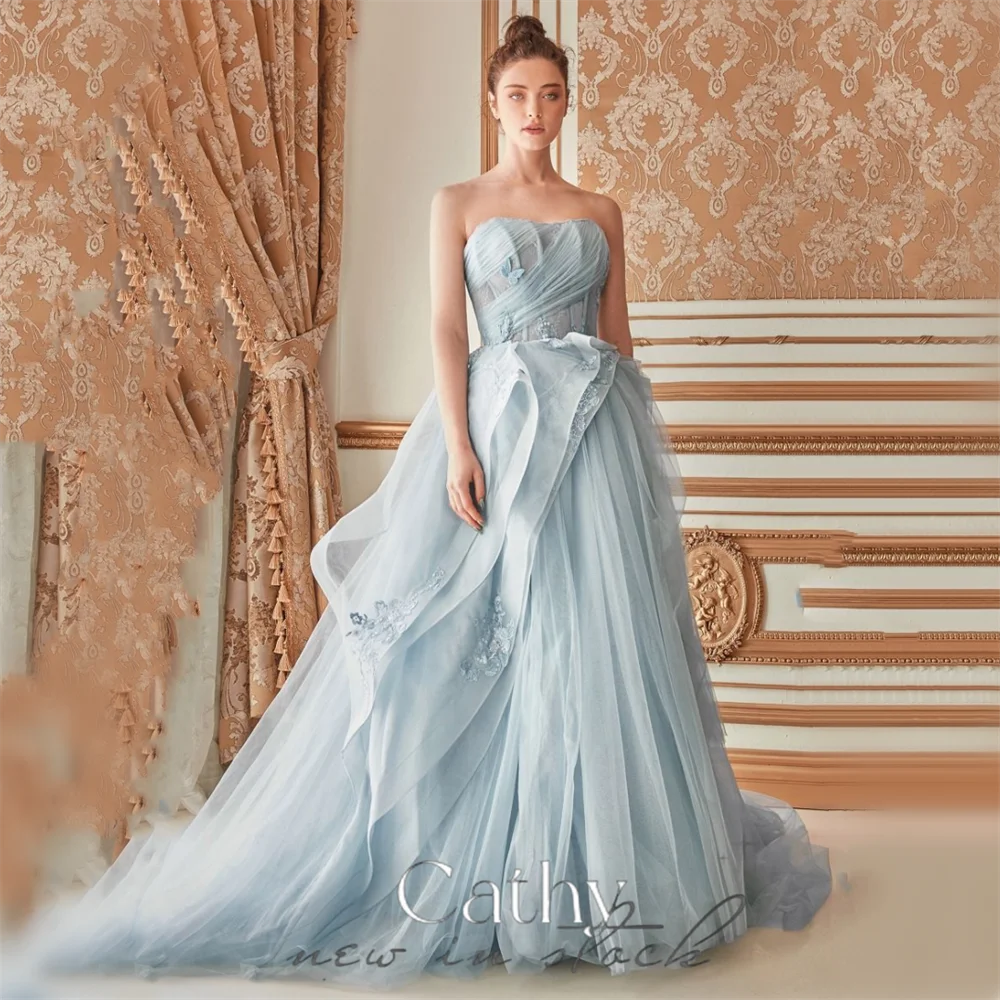 

Cathy Grey Blue Strapless Vestidos De Noche 3D Butterfly Prom Dress 2023 Fairy Strapless Tulle Sweep Train فساتين السهرة