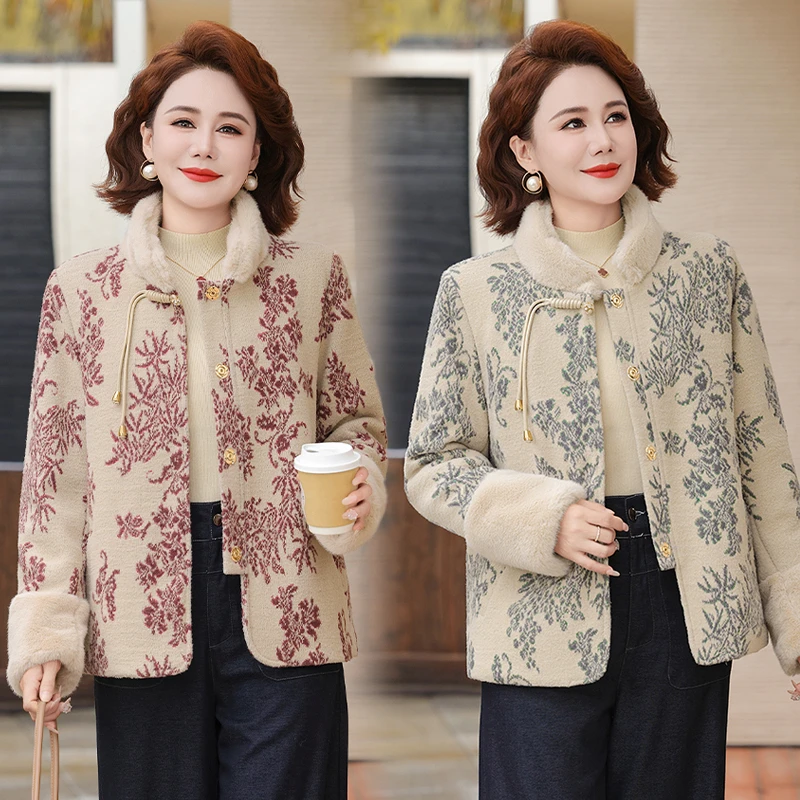 

Women's Winter Thiened Fce Lined Cotton Cotton Jacket Button Warm Coat Vintage cashmere middle-aged mother Outerwear