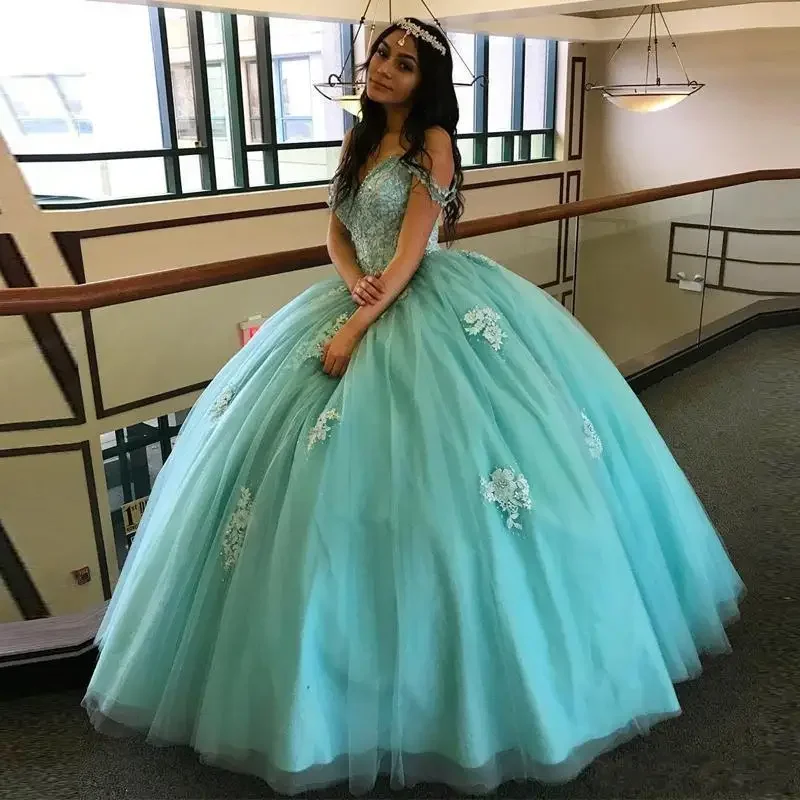 Elegante Schatz Ballkleid Quince anera Kleider Vestidos de 15 Anos schulter freie Applikationen Perlen Prinzessin Geburtstags feier heiß