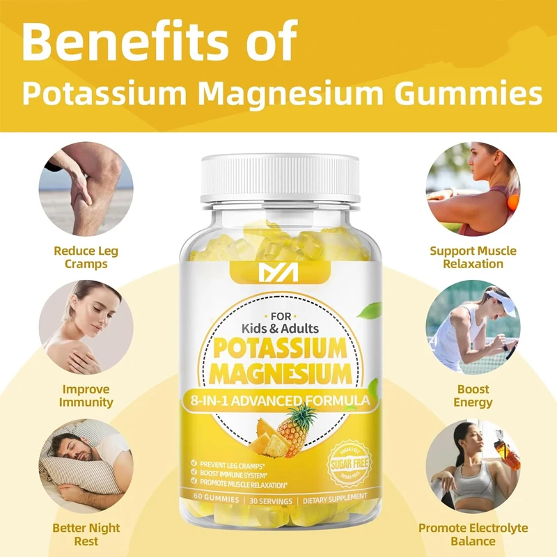 Potassium Gummies for Adults, Sugar-Free Potassium Magnesium Supplement with Vitamin B6 CoQ10 for Leg Cramps & Muscle Health