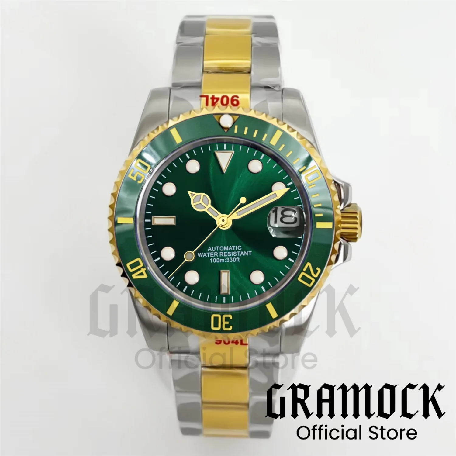 

100m Waterproof Two Tone Gold Steel Men 's 40mm Mechanical Wristwatch NH35 Automatic Movement Green Dial Luminous Dive Men Clock
