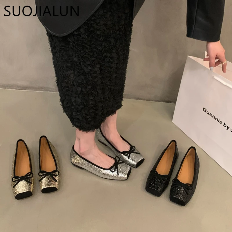 

SUOJIALUN 2023 Autumn Women Flat Shoes Fashion Round Toe Shallow Slip On Flat Ballet Shoes Fashion Gold Soft Casual Ballerinas S