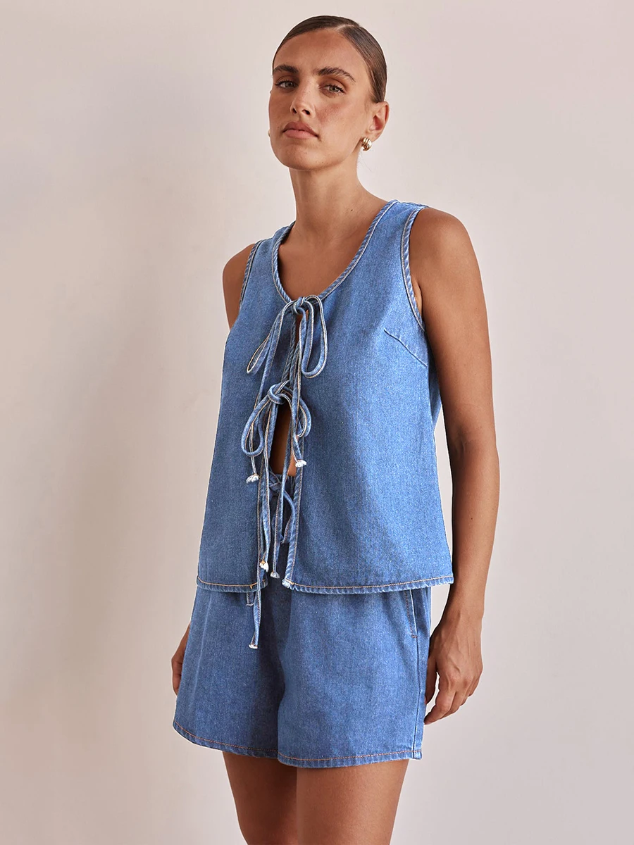 วินเทจฤดูร้อน 2 ชิ้นชุดผู้หญิงStreetwear Leisure LACE-up DENIM TOPและกางเกงขาสั้นแฟชั่นกางเกงยีนส์ชุดชุด