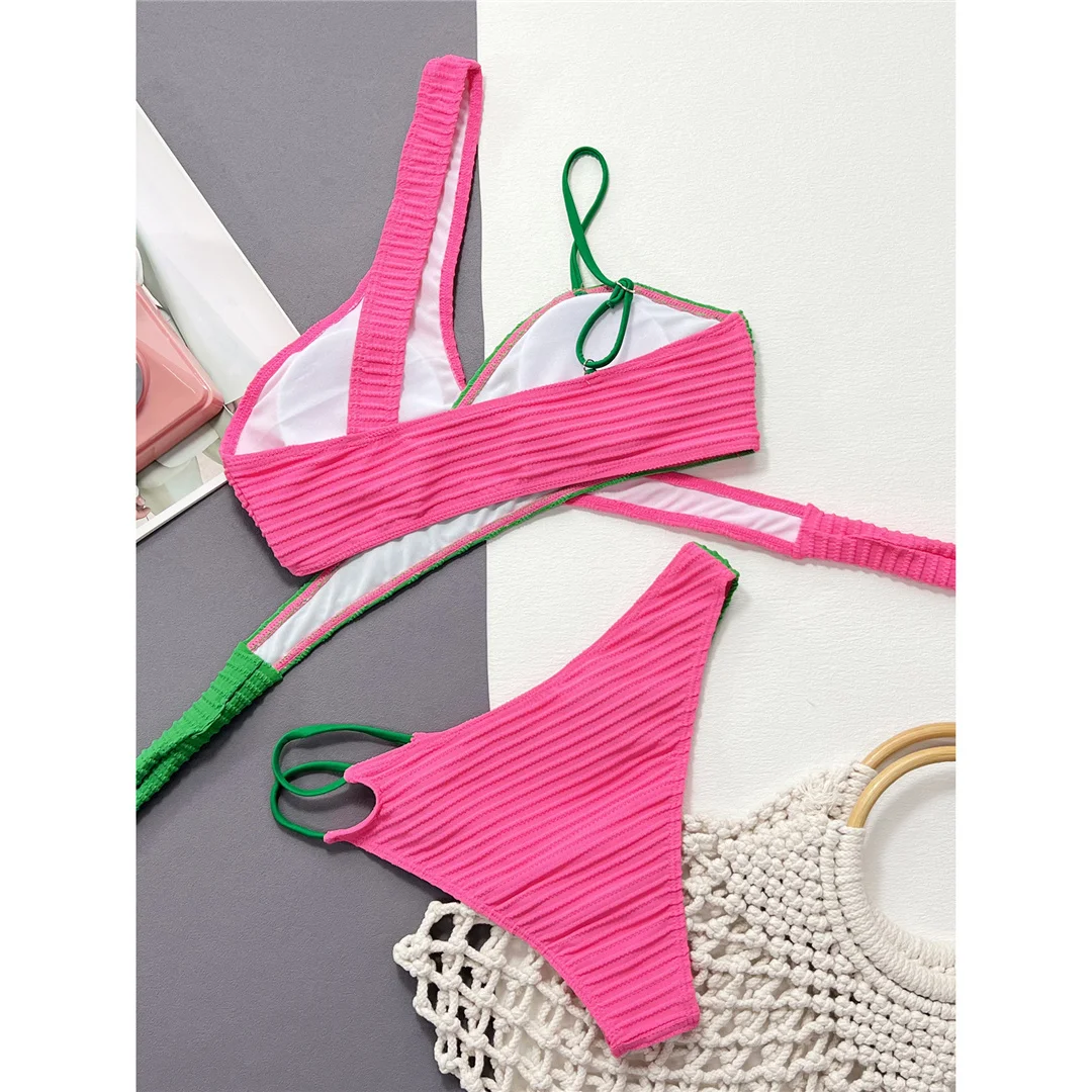 Sexy, asymmetrisches Bikini-Set mit einem Schulterträger, mittelhoher Taille, zweiteiliger Badeanzug für Damen, Badebekleidung, Badeanzug, Badebekleidung, Modell V4618. – Detail 11