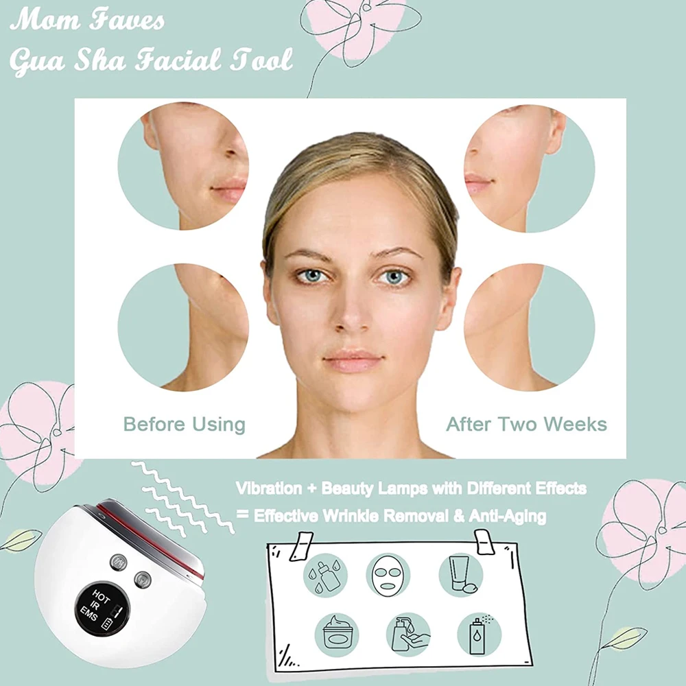 Microcurrent Heated Gua Sha Facial Tool Vibration Face Massager for Anti-Aging Improve Facial Contour Acupressure Skin Care Tool