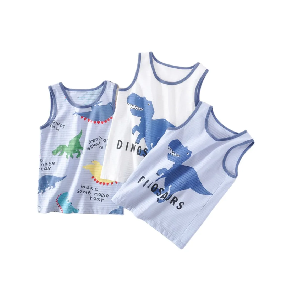 Boy Cartoon Dino Car Prints Singlet Underwear Tank Kids Undershirts Cotton Tank Tops Size 3-10T  Summer Home wear