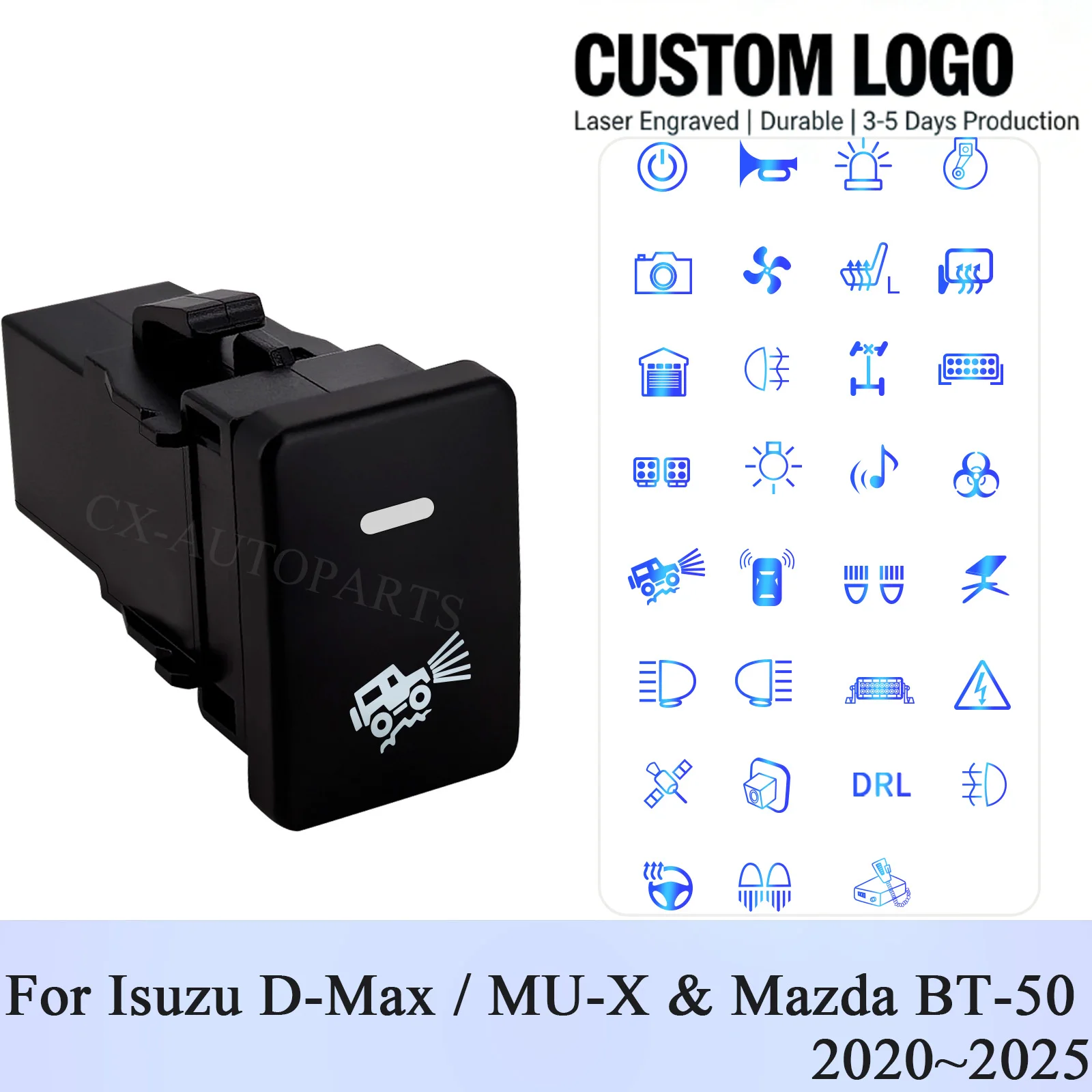 Customizable Car Push Switch LED Backlit 12V 3A ON-OFF Button for Isuzu D-Max & MU-X & Mazda BT-50 2020~2025