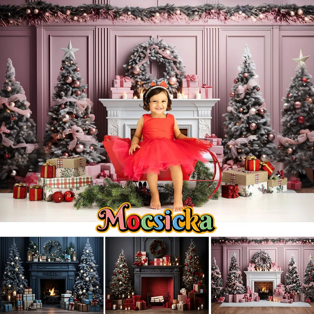 

Mocsicka Christmas Tree Photography Backdrop Window Fireplace Gift Background Photocall Photo Studio Banner Baby Family Portrait