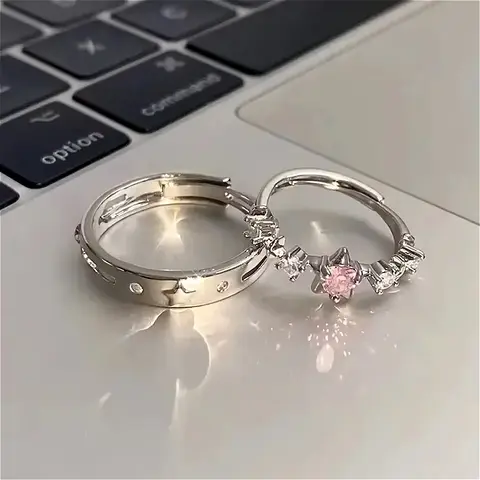 Luxury Pink Rhinestone Star Rings for Women Men Y2k Adjustable Couple Rings Engagement Wedding Jewelry Fashion Girlfriend Gifts