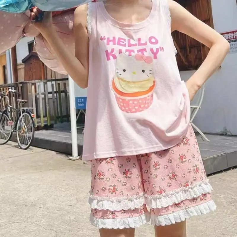 

New Sanrio Hellokitty New Cartoon Suspender Vest Shorts Set Pink Blue Kitty Summer Home Clothes Pajamas Set Girls Pajamas