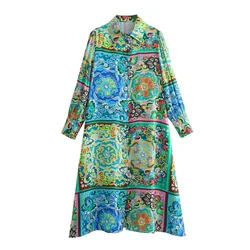 Taop&Za 2024 Spring New Product Women's Fashion Casual Loose Single breasted Decoration Flip Collar Printed Long Dress