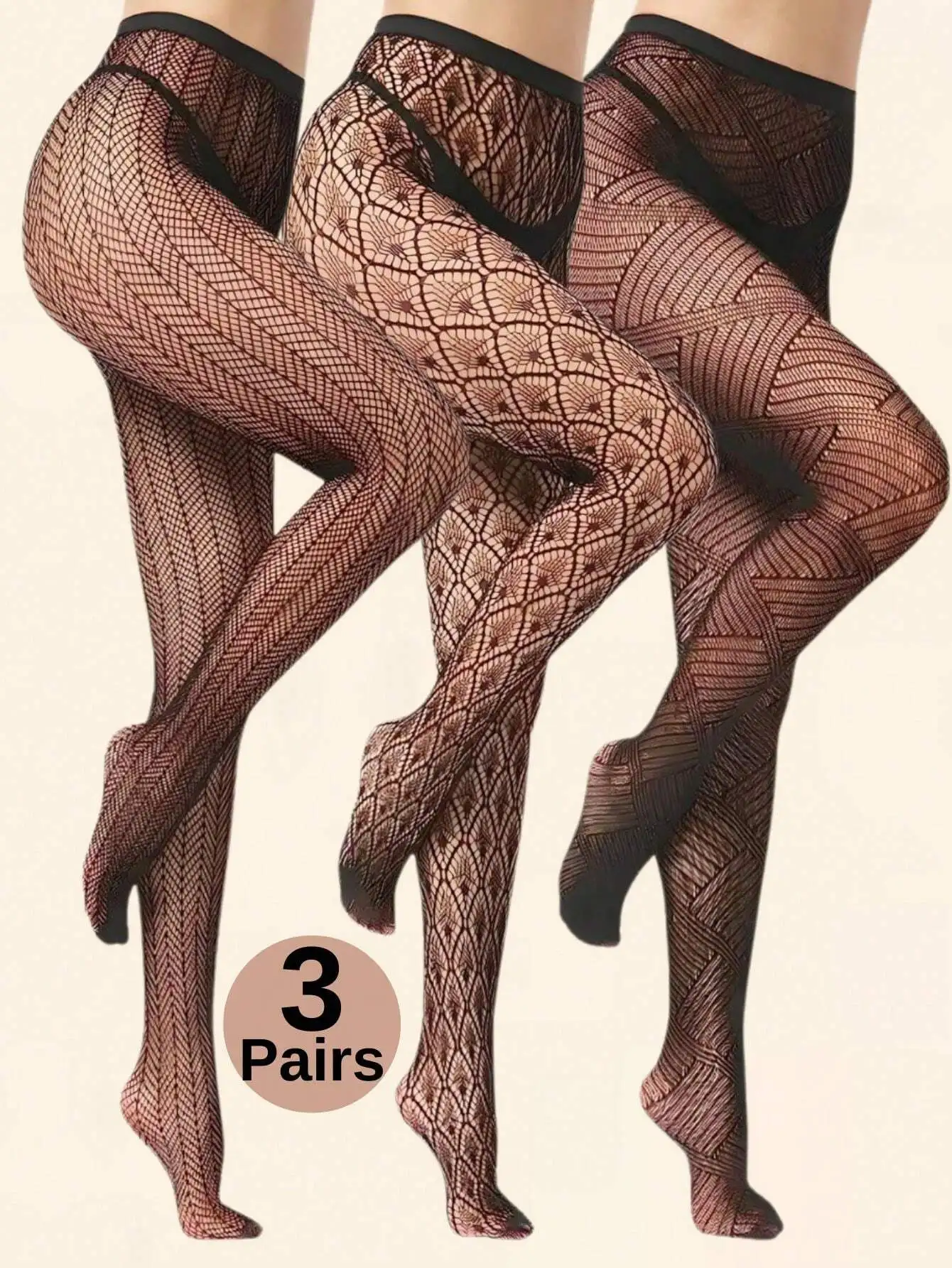 

3 Pairs Women's Black Geometric Pattern Fishnet Tights, High Waist Elastic Stockings