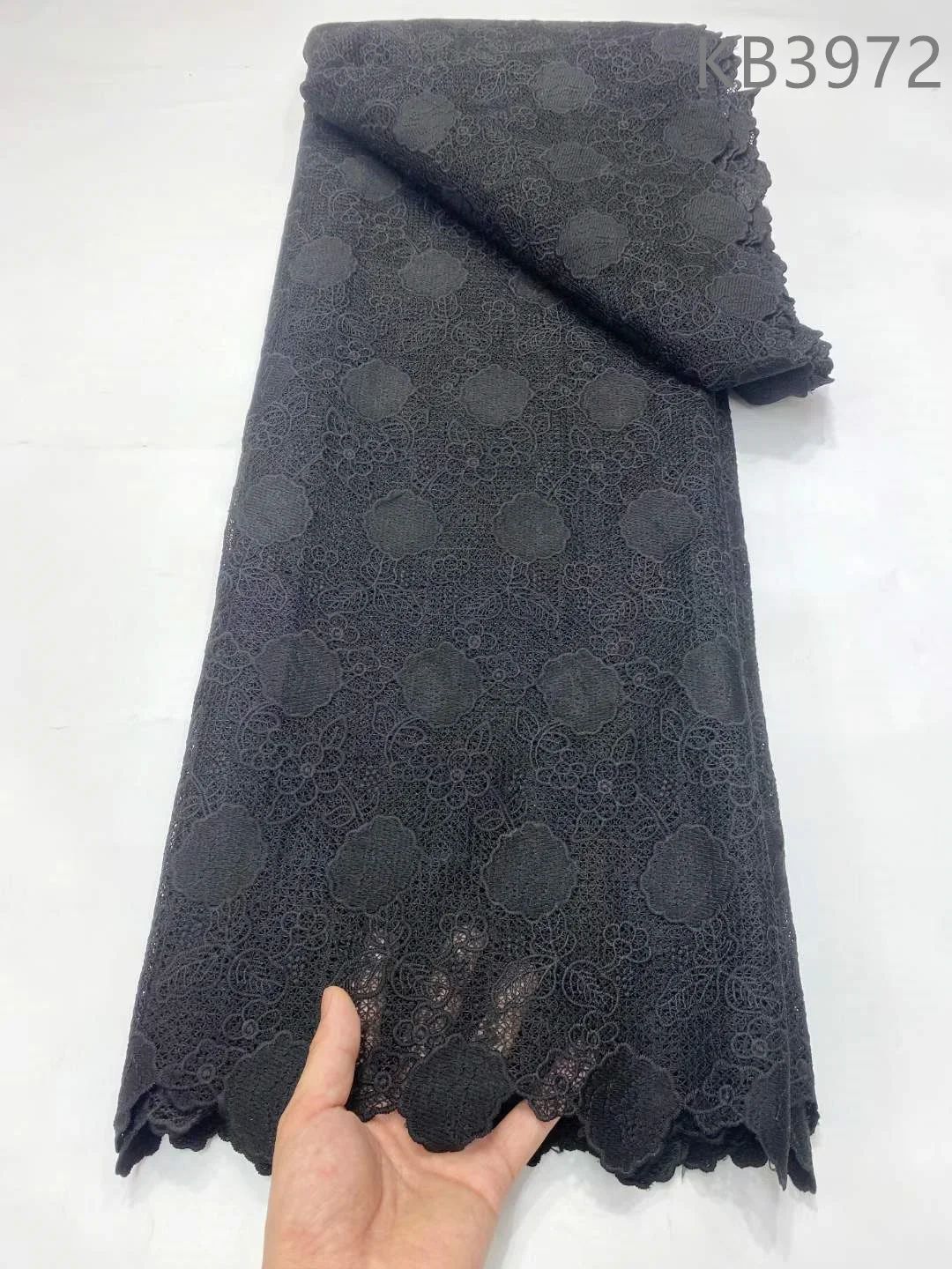 Latest Nigerian White Guipure Cord Lace Fabric African Guipure 2024 Black Guipure Cord Tulle Lace With Sequins For Sewing KB3972