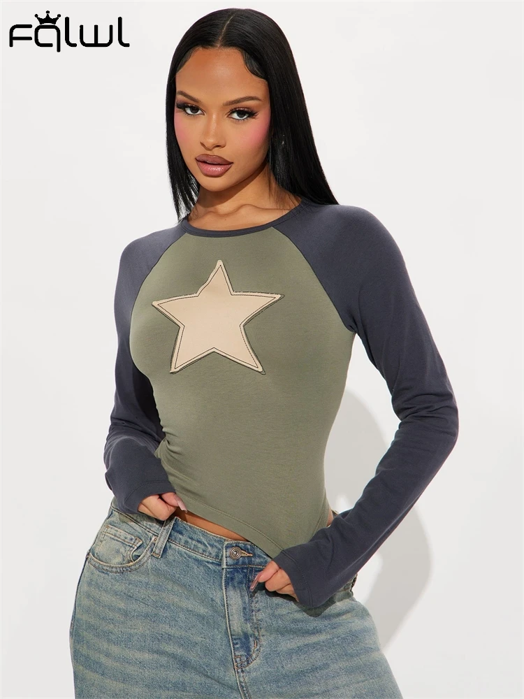 Habbris Winter New Star Patch Raglan T-shirt Women 2024 O-Neck Full Sleeve Slim Stretch Crop Tops Causal Basic Comfortable Tees