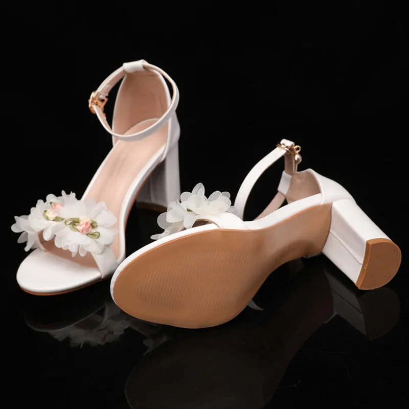 Fashion Summer Lace Flowers Pearls Ankle Strap Women Sandals Big Size 35-43 Thick High heels Sweet Girls Party Prom Shoes