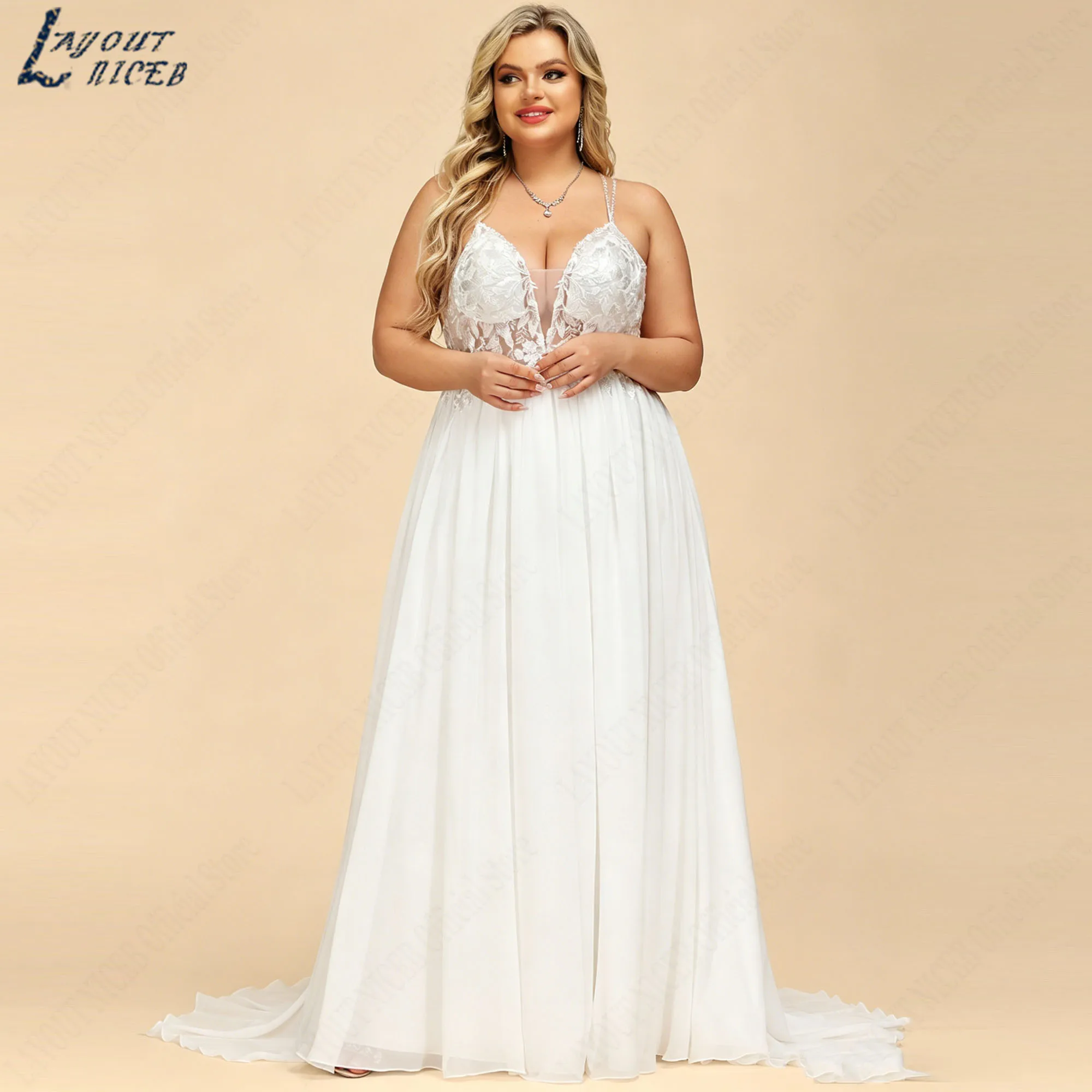 Sexy Plus Size Backless Wedding Dress Deep V-neck Spaghetti Straps A-line Bride Gown Chiffon Appliques vestidos novia Customized