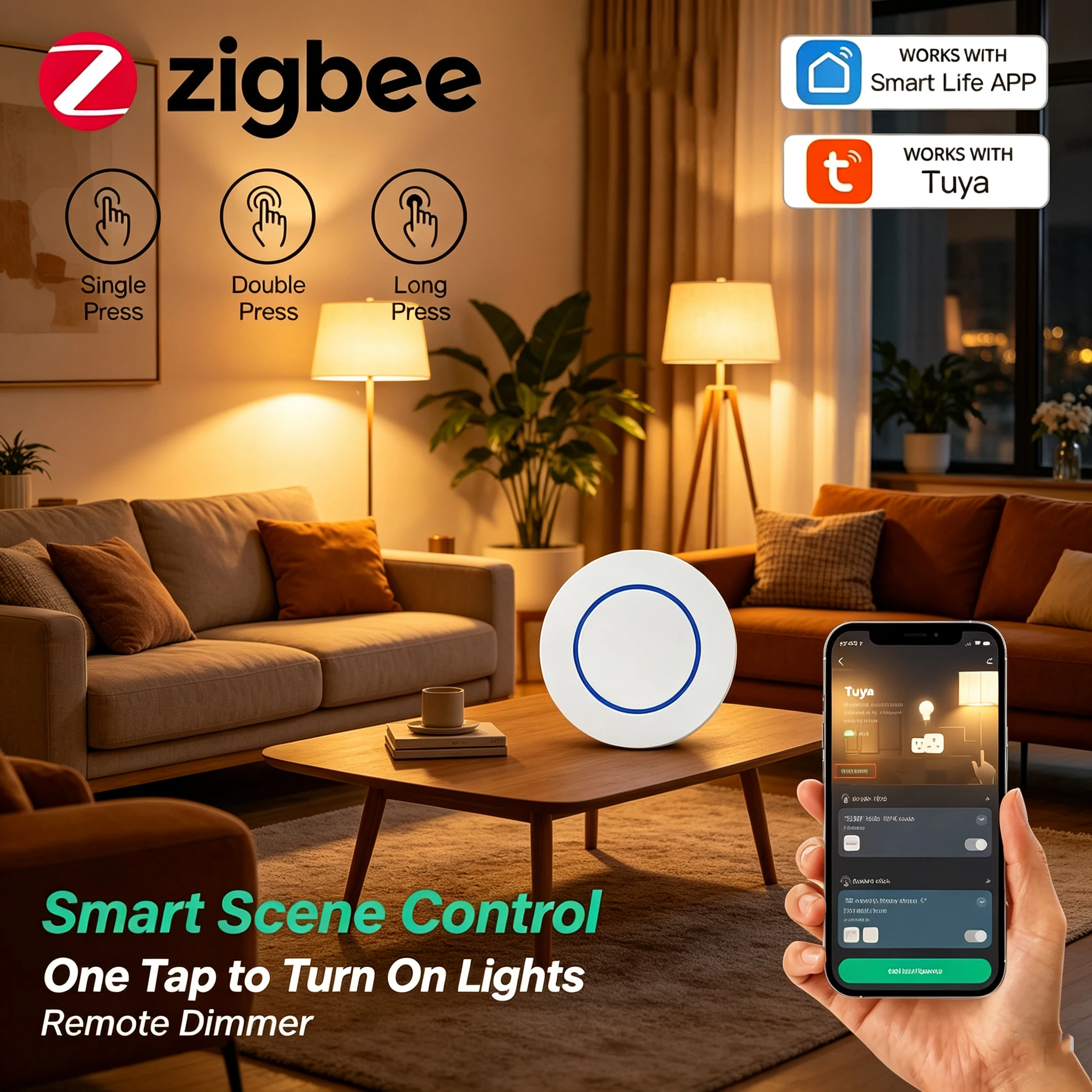 Works with Tuya ZigBee Push Button Wireless Hand -Remoter Scene Switch Controller Automation App Control Device Support Z2M