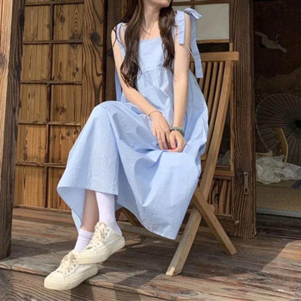 

Woman Japanese Style Loose A Line Dress Sweet Lace Up Spaghetti Strap Dresses Women Summer Long Solid Color Sleeveless Dress