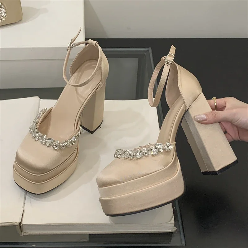 Women Shoes Fashion CRYSTAL Diamonds Round Toe Buckle High Heels New Platform Chunky Heels Banquet Ladies Shoes Zapatos De Mujer - Image 2