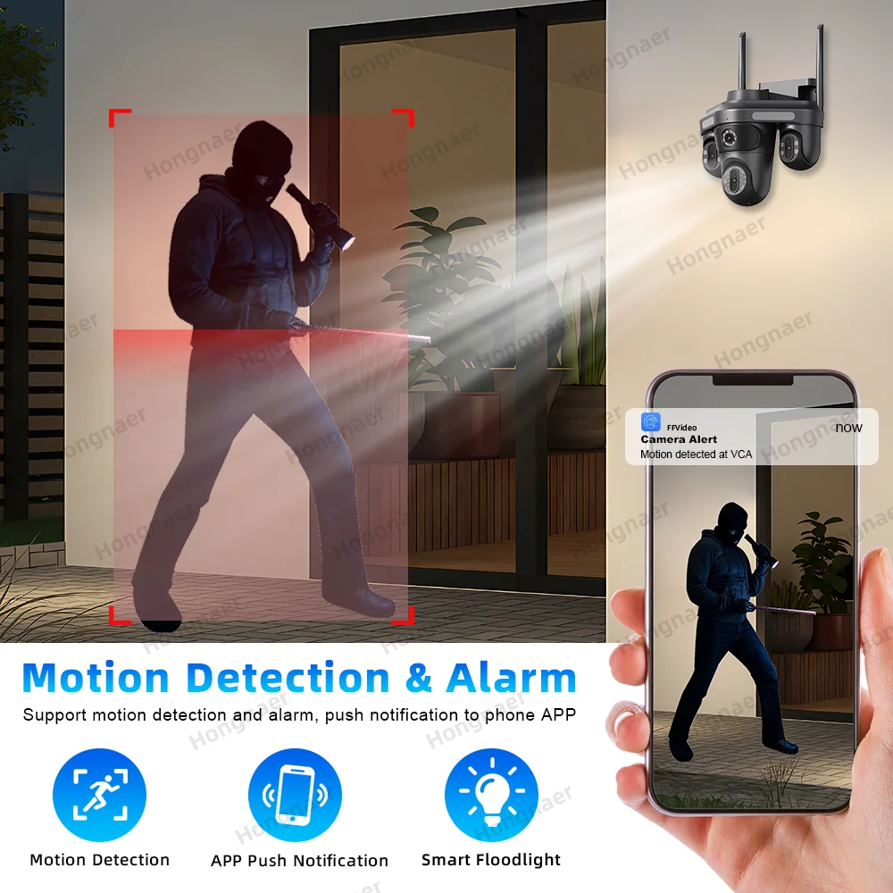 Hongnaer 8MP 4K FFVideo 4 Lenses Outdoor Video PTZ Network IP WiFi Wireless CCTV Home Security Camera