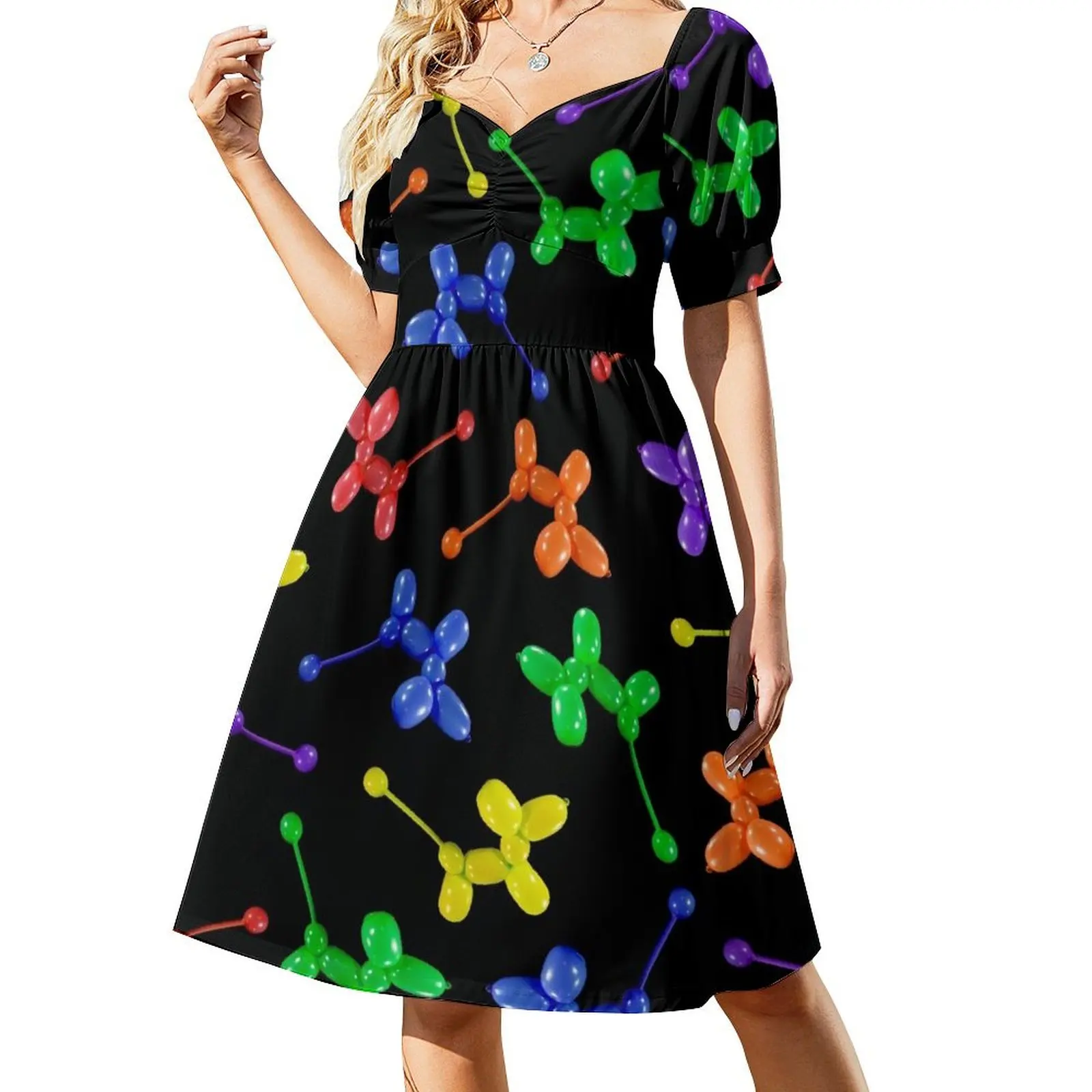 

Balloon animal poodles in rainbow colors scattered on black Sleeveless Dress summer dress women 2024