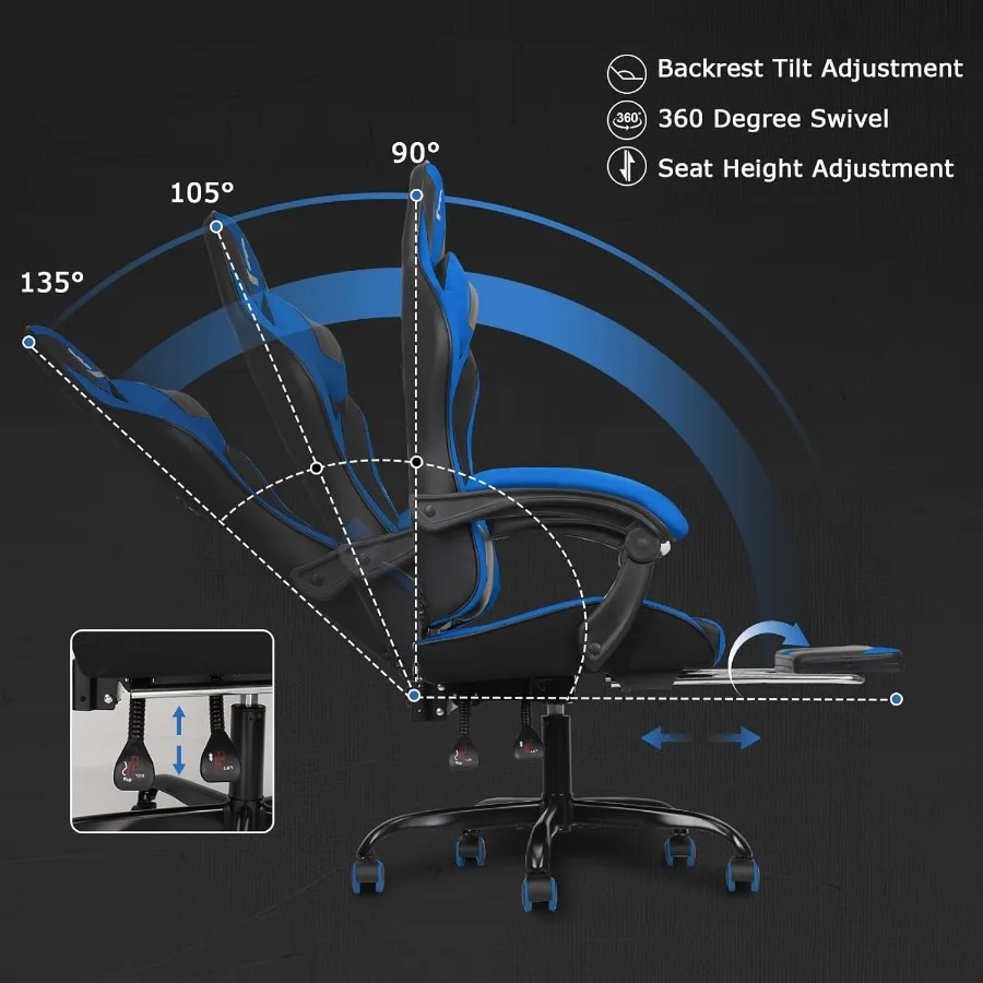 كرسي ألعاب مع مسند ذراع ربط ومسند للقدمين كرسي ألعاب فيديو عالي الظهر باللون الأسود والأزرق