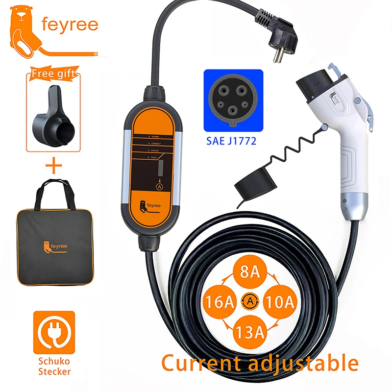 Feyree EV Draagbare Oplader Type2 5m Kabel 3.5KW 16A IEC62196 Socket 1 Fase Type1 j1772 Socket met Schuko Stekker voor Elektrische Auto