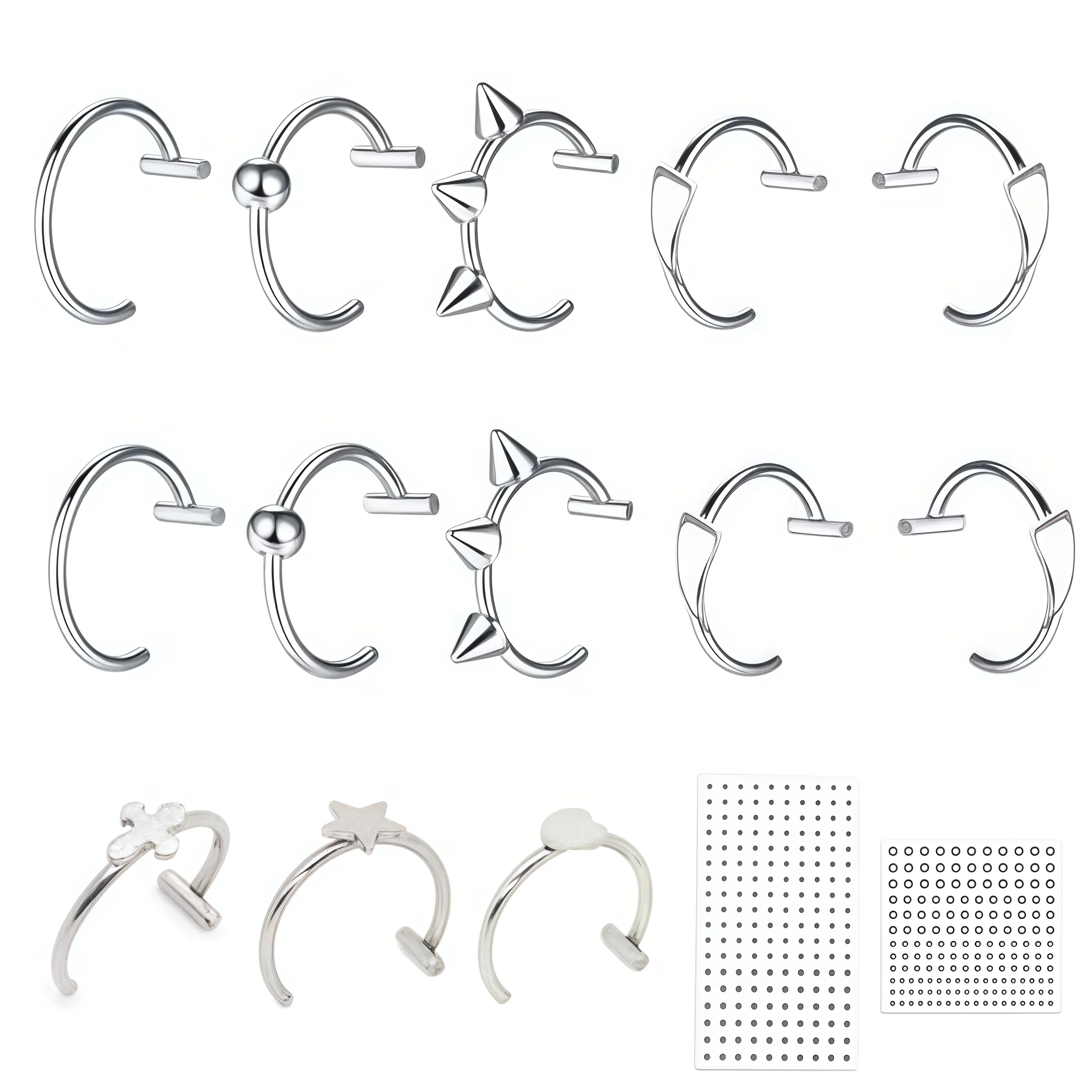 Silver Clip‑on Fake Lip Nose Rings Non‑Piercing Punk C‑Shape Cuffs 10mm Set with Fake Piercing Stickers for Women Men
