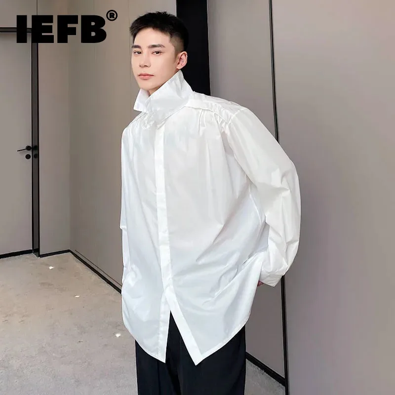 

IEFB Minimalist Shirt Standing Neck Long Sleeve Men's Top Korean Style Fashion Folding Design Single Breasted Menwear 9C5267