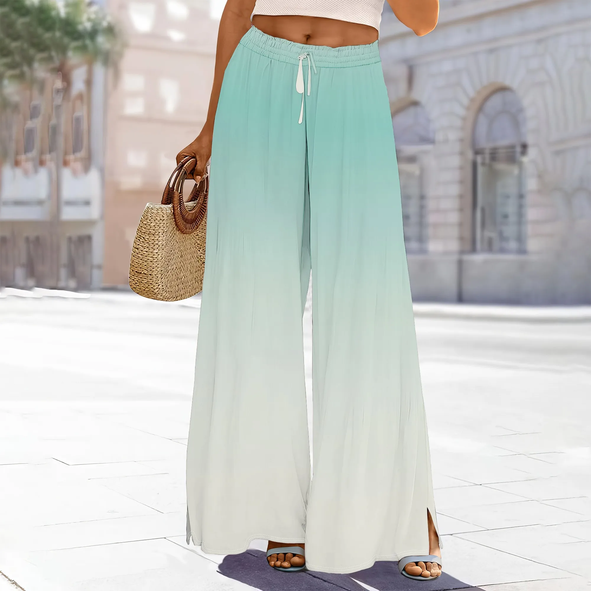 

Women Summer Boho Palazzo Pants High Waist Wide Leg Floral Casual Cotton Lounge Trousers with Pockets