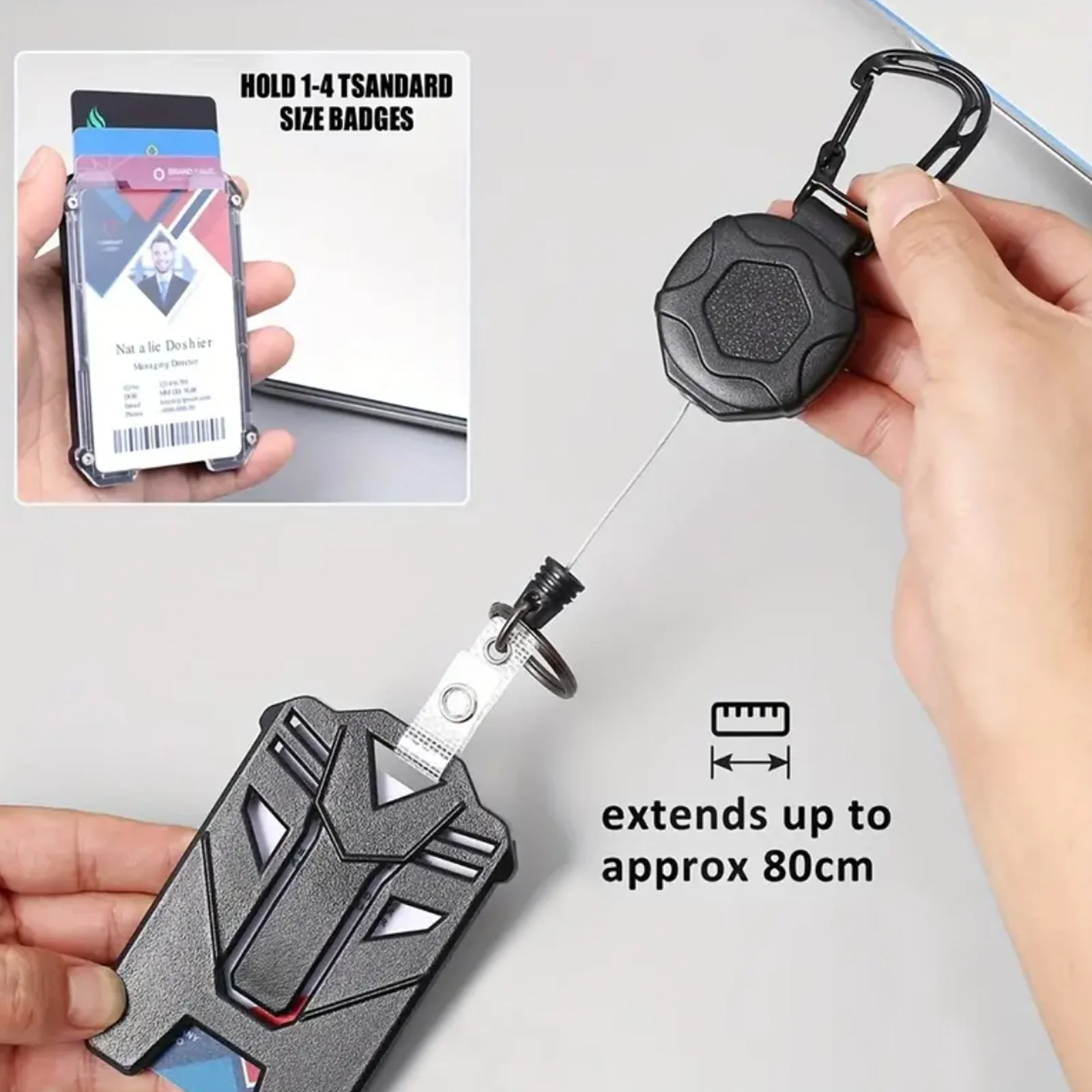 Mosquetón de plástico resistente estilo mecha, soporte para tarjeta de identificación, gran capacidad, clip retráctil de alta elasticidad, estuche para insignia de trabajo, durab