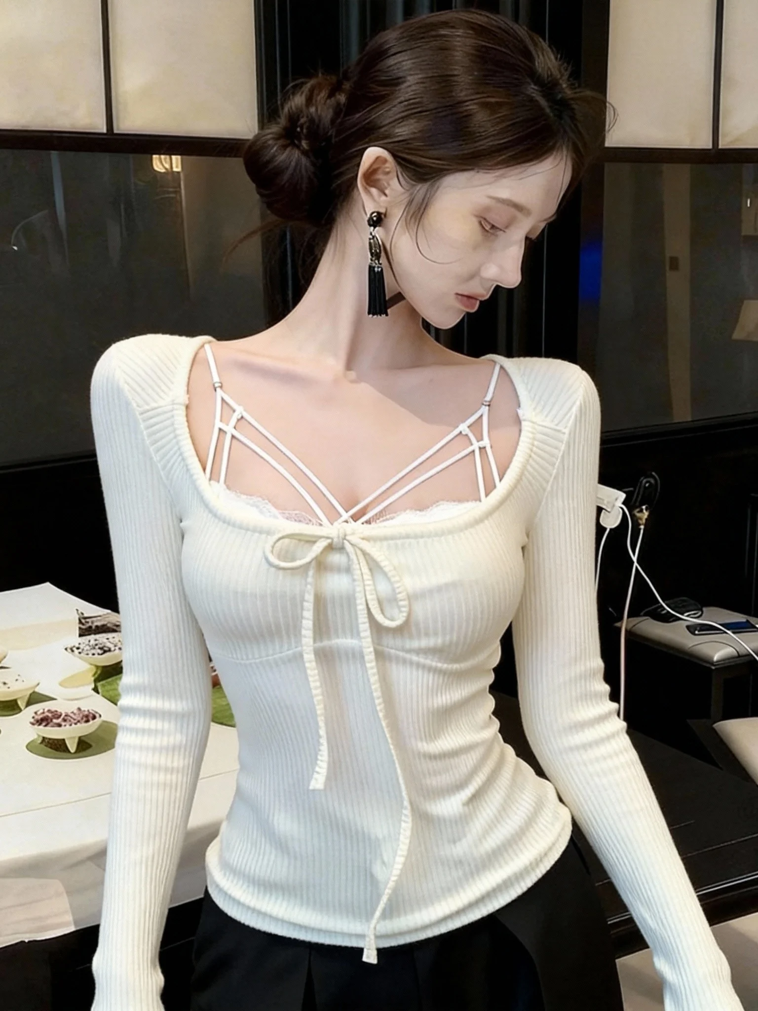 

Sexy Lace Trim Underwear Set Sweet Bow Tie Long Sleeve Square Collar Top Two Piece Girl's Set Korean Style Commute Fashion