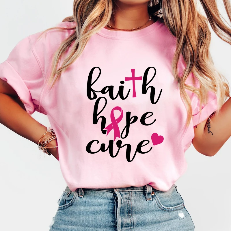 

New Fashion Breast Cancer Awareness Faith Hope Cure Print Graphic T Shirt Unisex Fashion Casual Short Sleeve Shirt Tee