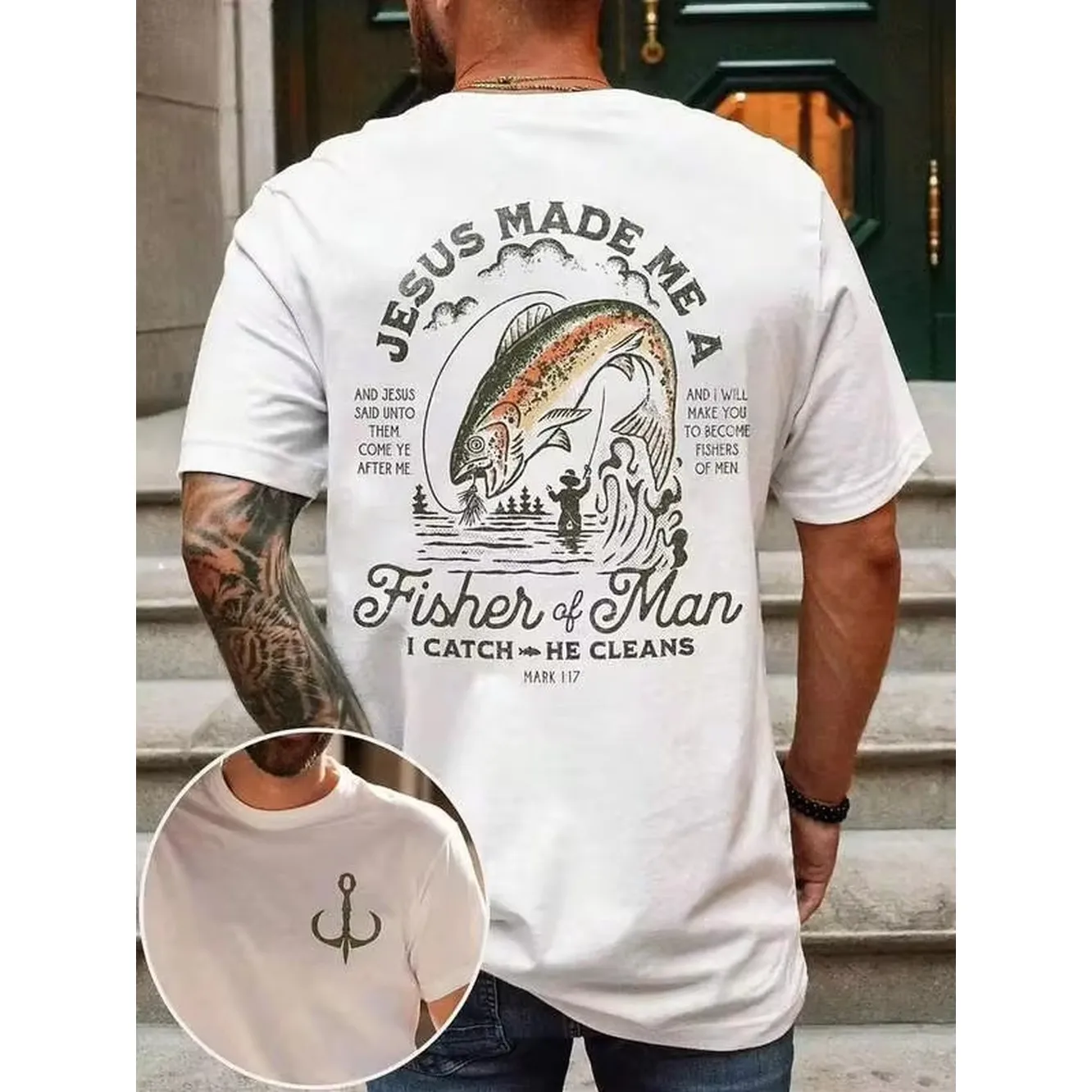 Graphic Print Crew Neck Cotton-Shirt Comfy Casual Style Limited Christian Faith Believers &Amp; Fishing Enthusiasts Printed Crew-Neck-Shirt